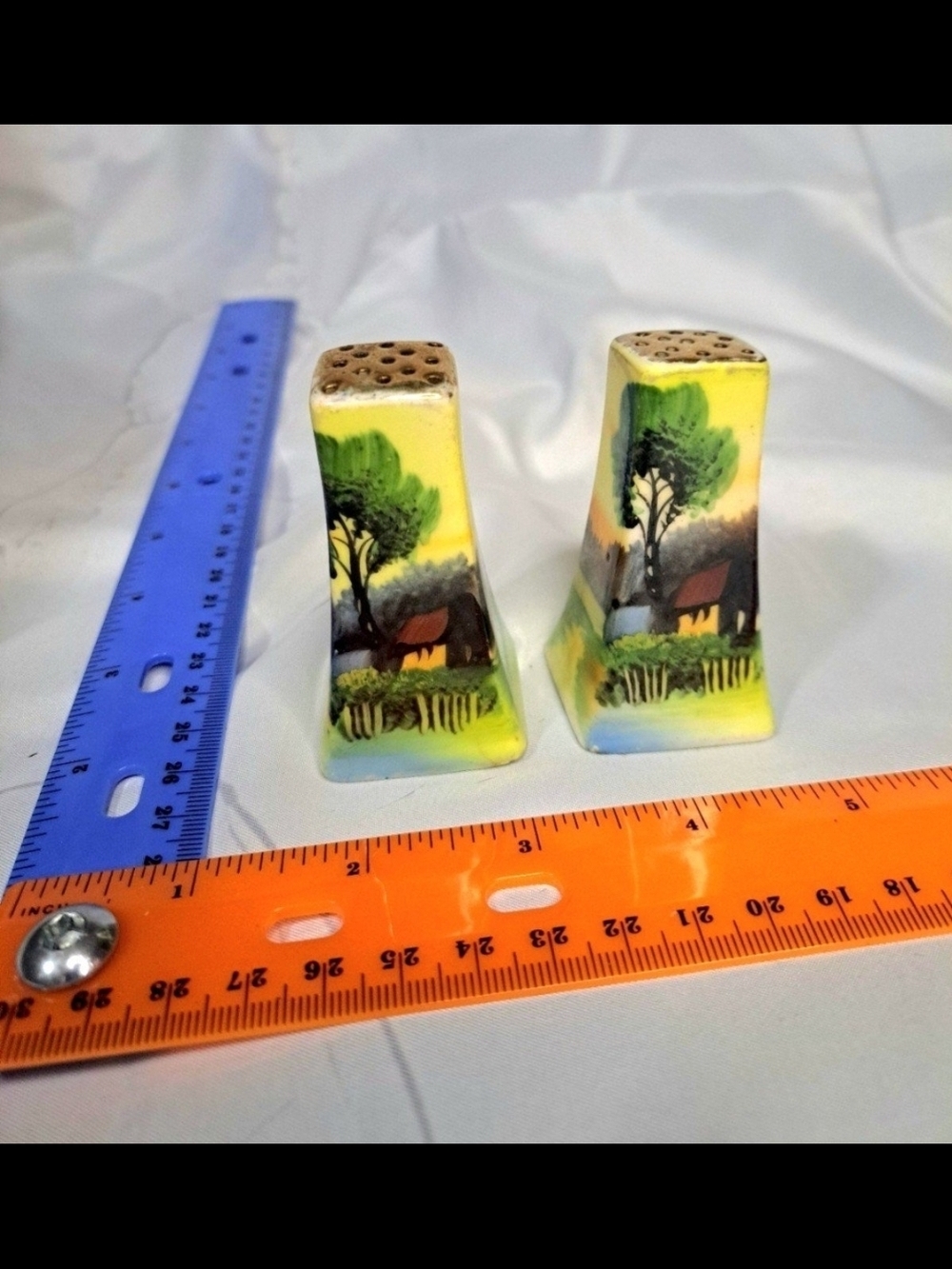 Vintage Hand Painted Salt & Pepper Shaker Set Gold Top House Cottage Scene